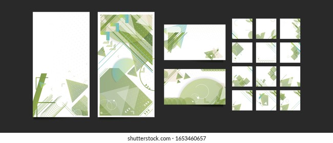 Green abstract set summer background universal art header template. Collage made with scribbles canyon strokes