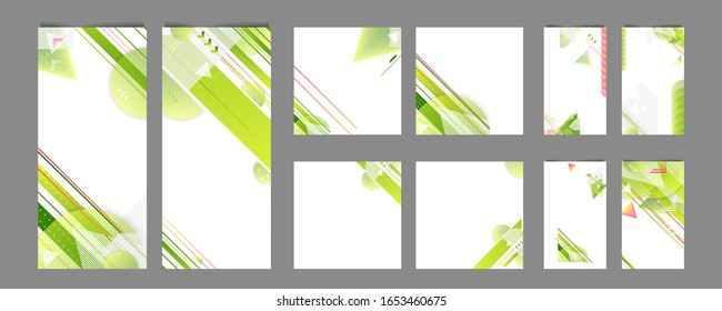 Green abstract set summer background universal art header template. Collage made with scribbles canyon strokes