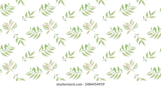Green abstract shape branches leaves scattered randomly on a seamless pattern. Creative tiny tropical plants print on a light  background. Vector hand drawing sketch. Design for fabric textiles