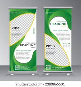 green abstract shape roll up banner template, modern roll up banner design with image space, 