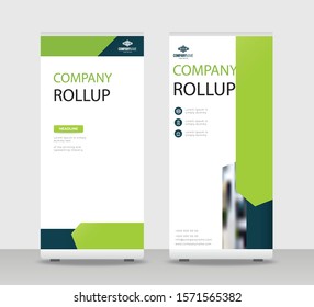 green Abstract Shapes Modern Exhibition Advertising Trend Business Roll Up Banner Stand Poster Brochure flat design template creative concept. White background Roll Up EPS. Presentation Cover