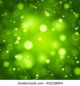 Green abstract shining bokeh lights background. Magic glitter and sparkles. With space for text. Vector illustration.