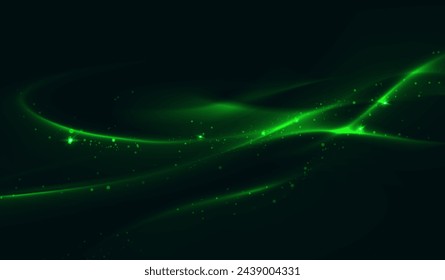 Green abstract sparkly background with soft waves and sparkles. Neon soft futuristic banner.