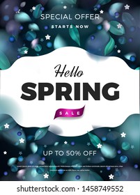 Green abstract spring sale background with wild forest berries and leaves vector promo banner design