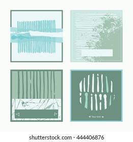 Green abstract square cards, hand drawn with brush and stripes, brush blobs and smears. Vector illustration set, good for print or presentation design. Text holders for text, beautiful design template