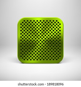 Green abstract technology app icon, button template with circle perforated speaker grill pattern, metal texture (chrome, steel, silver) and realistic shadow for interfaces (UI) and applications (apps)