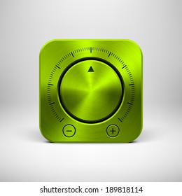 Green abstract technology app icon, button template with music button (volume, sound control knob), metal texture (chrome, steel) and realistic shadow for interfaces (UI) and applications (apps).