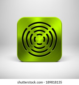 Green abstract technology app icon, button template with circle perforated speaker grill pattern, metal texture (chrome, steel, silver) and realistic shadow for interfaces (UI) and applications (apps)