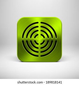 Green abstract technology app icon, button template with circle perforated speaker grill pattern, metal texture (chrome, steel, silver) and realistic shadow for interfaces (UI) and applications (apps)