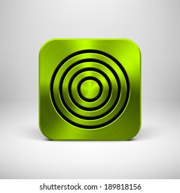 Green abstract technology app icon, button template with circle perforated speaker grill pattern, metal texture (chrome, steel, silver) and realistic shadow for interfaces (UI) and applications (apps)
