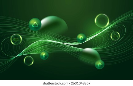 Green abstract technology background with glowing spheres, flowing wave lines and digital light effects. Modern futuristic design for innovation, nature and presentation concepts.