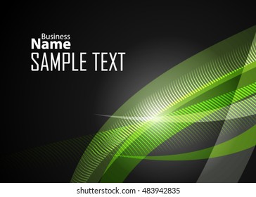 Green abstract template for card or banner. Metal Background with waves and reflections.