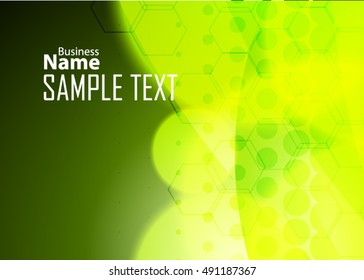 Green abstract template for card or banner. Metal Background with waves and reflections.