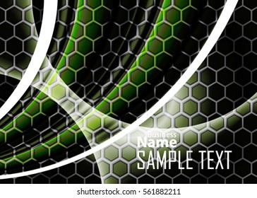 Green abstract template for card or banner. Metal Background with waves and reflections. Business background, silver, illustration. Illustration of abstract background with a metallic element