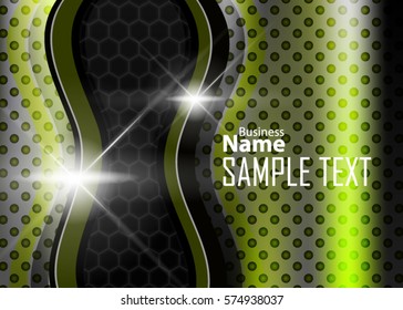 Green abstract template for card or banner. Metal Background with waves and reflections. Business background, silver, illustration. Illustration of abstract background with a metallic element