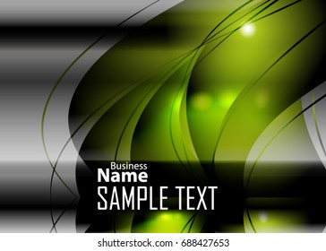 Green abstract template for card or banner. Metal Background with waves and reflections. Business background, silver, illustration. Illustration of abstract background with a metallic element