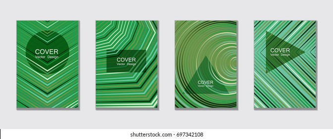 Green abstract templates for posters, brochures, banners with geometric shape patterns, halftone lines. Trendy vector brochure templates set, minimal line geometric backgrounds, tech covers.