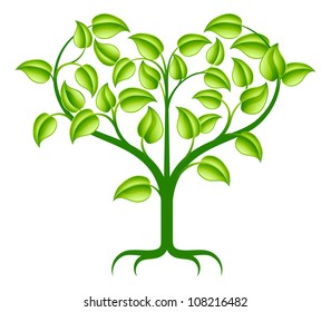 A green abstract tree illustration with branches growing into a heart shape.
