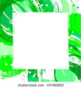 Green. Abstract vector background. Artistic brush strokes and paint splashes with square place for text. 