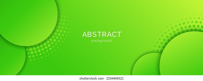 Plantilla de banner largo vectorial abstracto verde. Fondo mínimo de negocio con círculos, medio tono y espacio de copia para el texto. Encabezado de medios sociales, portada