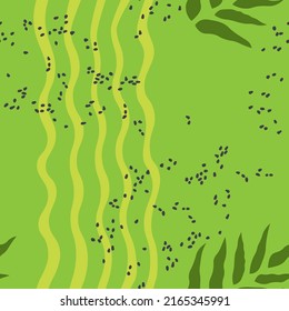 Green abstract vector seamless pattern for design. Vertical curved stripes, leaves and dots.