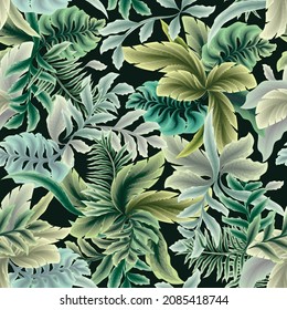 green abstract vintage colors tropical plants with botanical seamless pattern background suitable for fashion prints, graphics, backgrounds and crafts. Exotic tropic. Summer design. nature wallpaper