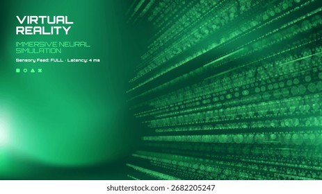 Grüner abstrakter Hintergrund der virtuellen Realität mit Punkten und immersivem neuronalen Simulationstext. Digitales Technologiekonzept