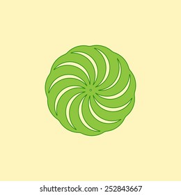 Green abstract wheel or gear isolated on light yellow background. Logo template, design element