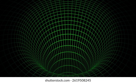 Green Abstract wireframe tunnel. Light science wormhole. Vector 3D portal grid. Futuristic fantasy funnel.