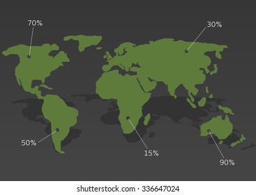 Green abstract World map with white pointer marks. Statistic analysis, Vector illustration