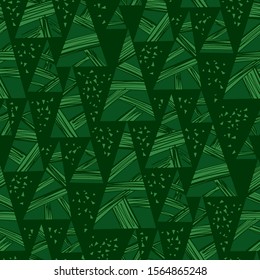 Green abstract xmas tree design element seamless pattern for background, fabric, textile, wrap, surface, web and print design. Simple decorative silhouette of deep green forest in repeatable motif. 
