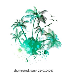 Green abstraction of palm trees, sea and seagulls. Vector illustration