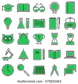 Green Academic School Vector Icons Set for Teachers and Students
