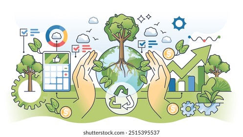 Contabilidade ecológica e sustentabilidade empresarial delineam o conceito de mãos. Cálculo dos custos do impacto ambiental para redução das emissões de carbono e ilustração do vetor de desenvolvimento favorável à natureza.