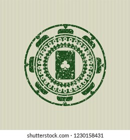 Green ace of clover icon inside rubber grunge seal