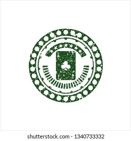 Green ace of clover icon inside distressed rubber grunge texture stamp