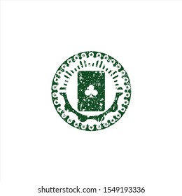 Green ace of clover icon inside distress with rubber seal texture