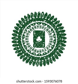 Green ace of clover icon inside distress rubber stamp with grunge texture