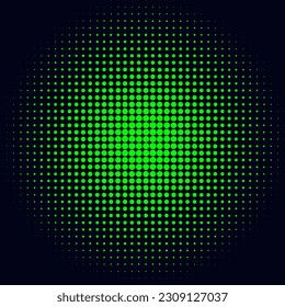 Green acid halftone round neon background. Round dotted frame. Abstract halftone dots. Fading gradient grating for designer prints. Geometric frames. Round fade. Bright colored ring