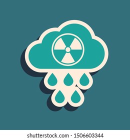 Green Acid rain and radioactive cloud icon isolated on blue background. Effects of toxic air pollution on the environment. Long shadow style. Vector Illustration