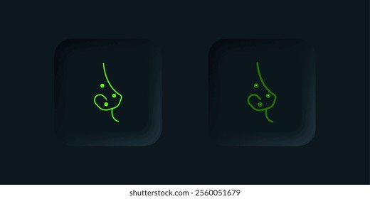 Green Acne icon isolated on black background. Inflamed pimple on the skin. The sebum in the clogged pore promotes the growth of a bacteria. Black square button. Vector