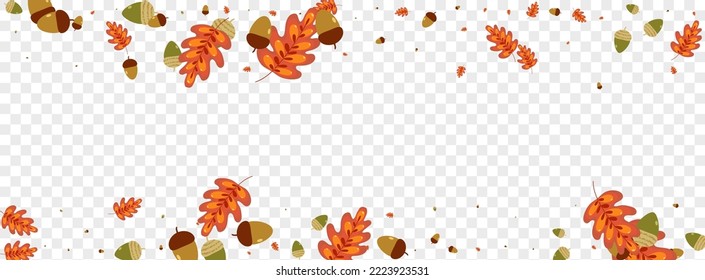 Green Acorn Background Transparent Vector. Leaf Border Design. Red Foliage. Nature Set. Gold Leaves Backdrop.
