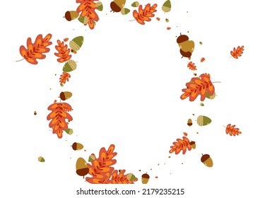 Green Acorn Background White Vector. Leaf Pattern Frame. Yellow Leaves. Elm Illustration. Golden Foliage Banner.