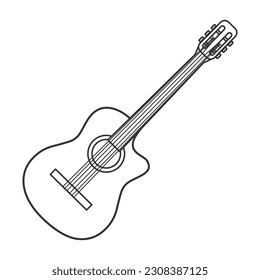 Green acoustic guitar icon.  Illustration in outline  style. 70s retro vector design.