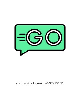Rótulo de ação verde com texto GO e linhas de velocidade na ilustração de vetor de estilo dinâmico