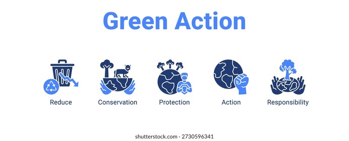 Green Action web banner ícone vetor ilustração conceito , com ícone de Reduzir, Conservação, Proteção.