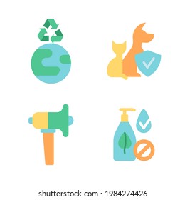 Green activism vector flat color icon set. Ecology and environmental protection. Bio product, natural and organic. Cartoon style clip art for mobile app pack. Isolated RGB illustration bundle
