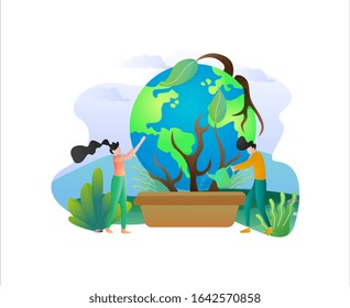 Green activities for the environment by several people. watering trees, green earth, the concept of environmentally friendly flat illustration