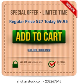 Green Add To Cart button with yellow text. Vector illustration.
