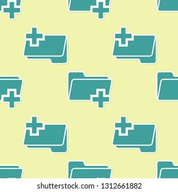 Green Add new folder icon isolated seamless pattern on yellow background. New folder file sign. Copy document icon. Add attach create folder make new plus icon. Flat design. Vector Illustration